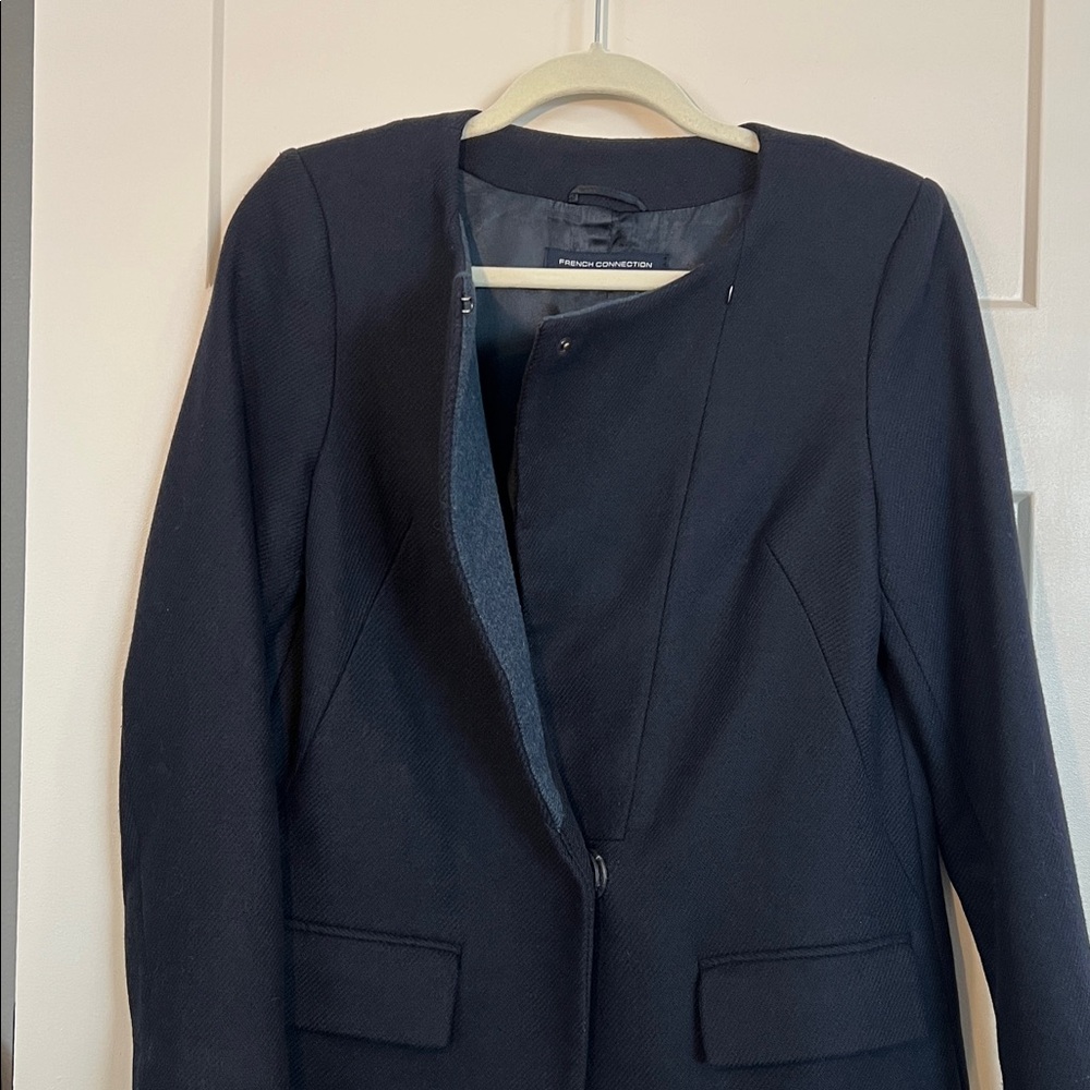French Connection Navy Wool Coat | Minimalist Longline Jacket | Size 4